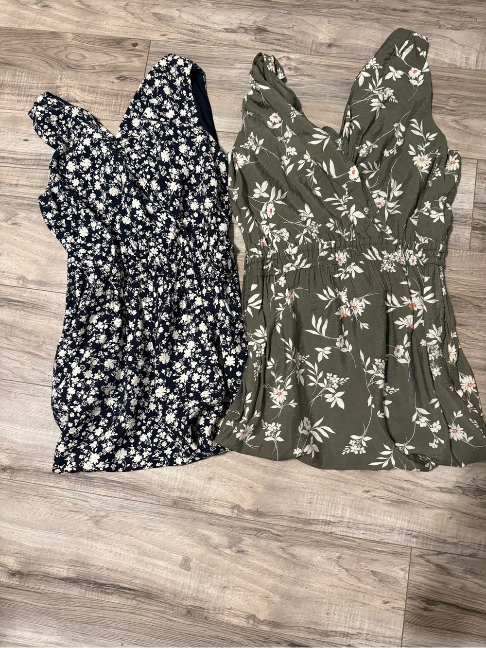 2 Maurices Olive Green Floral & Navy Blue Floral V-Neck Sleeveless jumpsuits
